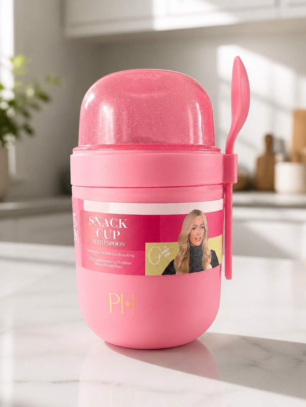 Paris Hilton Pink Snack Cup with Spoon 3 Compartments New